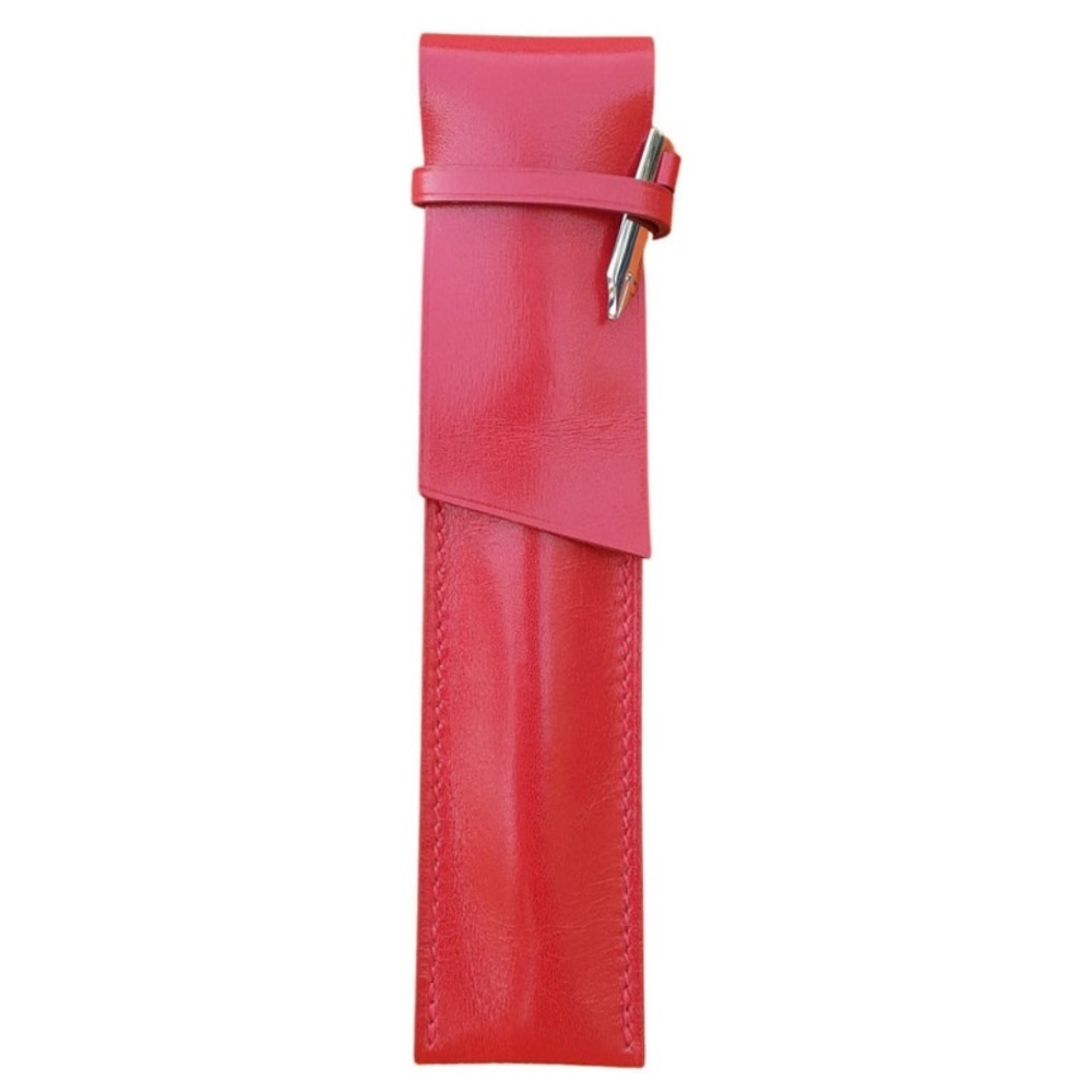Hermès pencil case in red box leather with fountain pen nib charm
